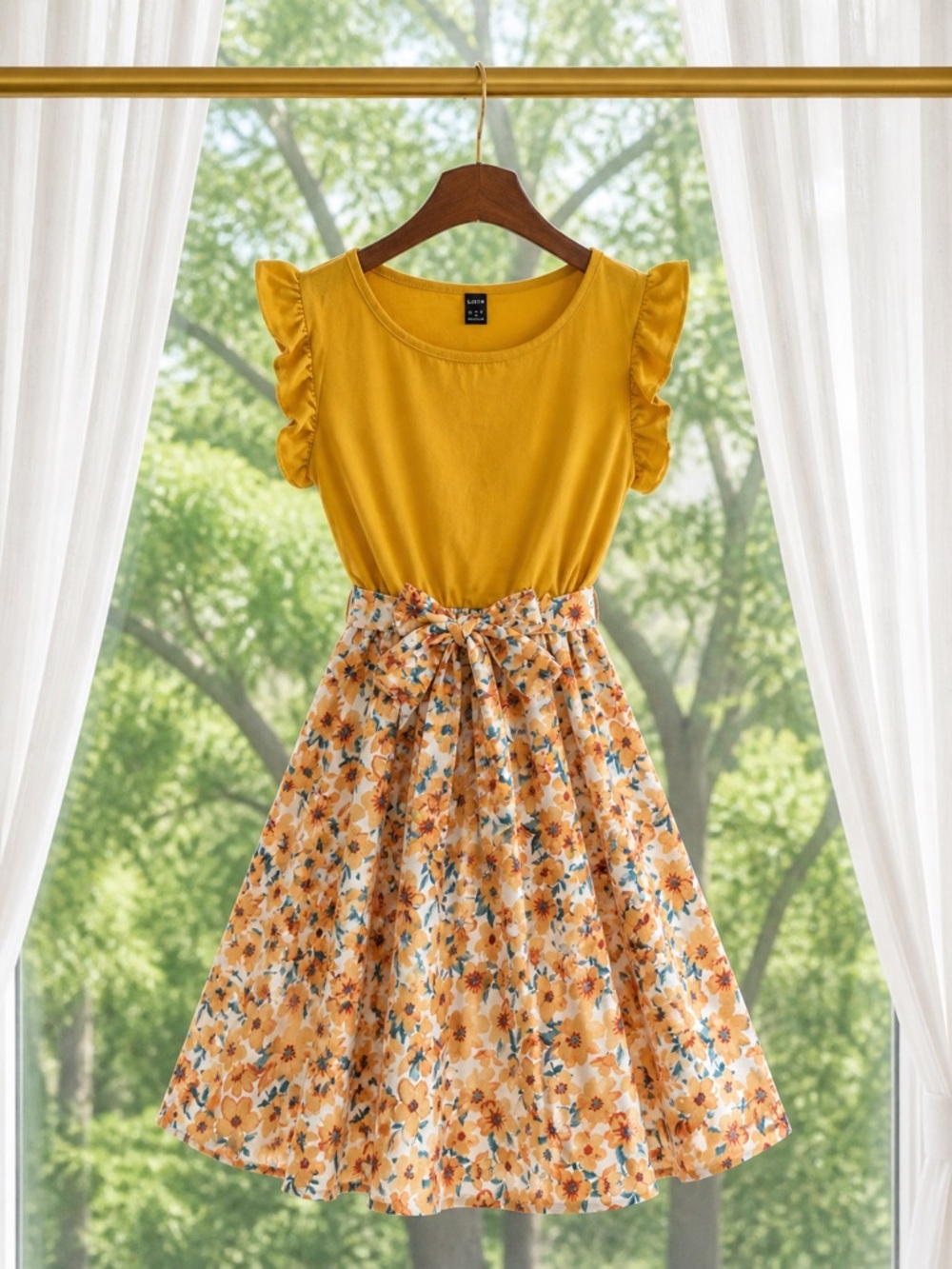SHEIN Yellow Ruffle Sleeve Floral Tie-Waist Mini Dress